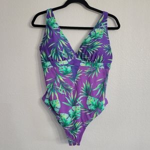 NWT Adore Me One Piece Bathing Suit sz 1X Palm Leaf Mesh Cut Out Purple Green
